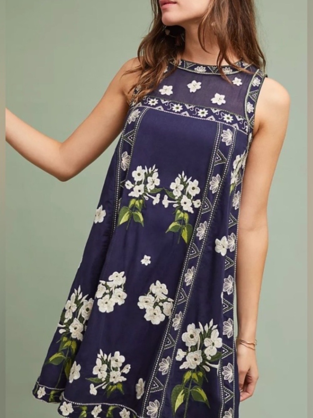 Anthropologie Maeve Rosa Embroidered Swing Dress Blue Floral Cotton Size 4